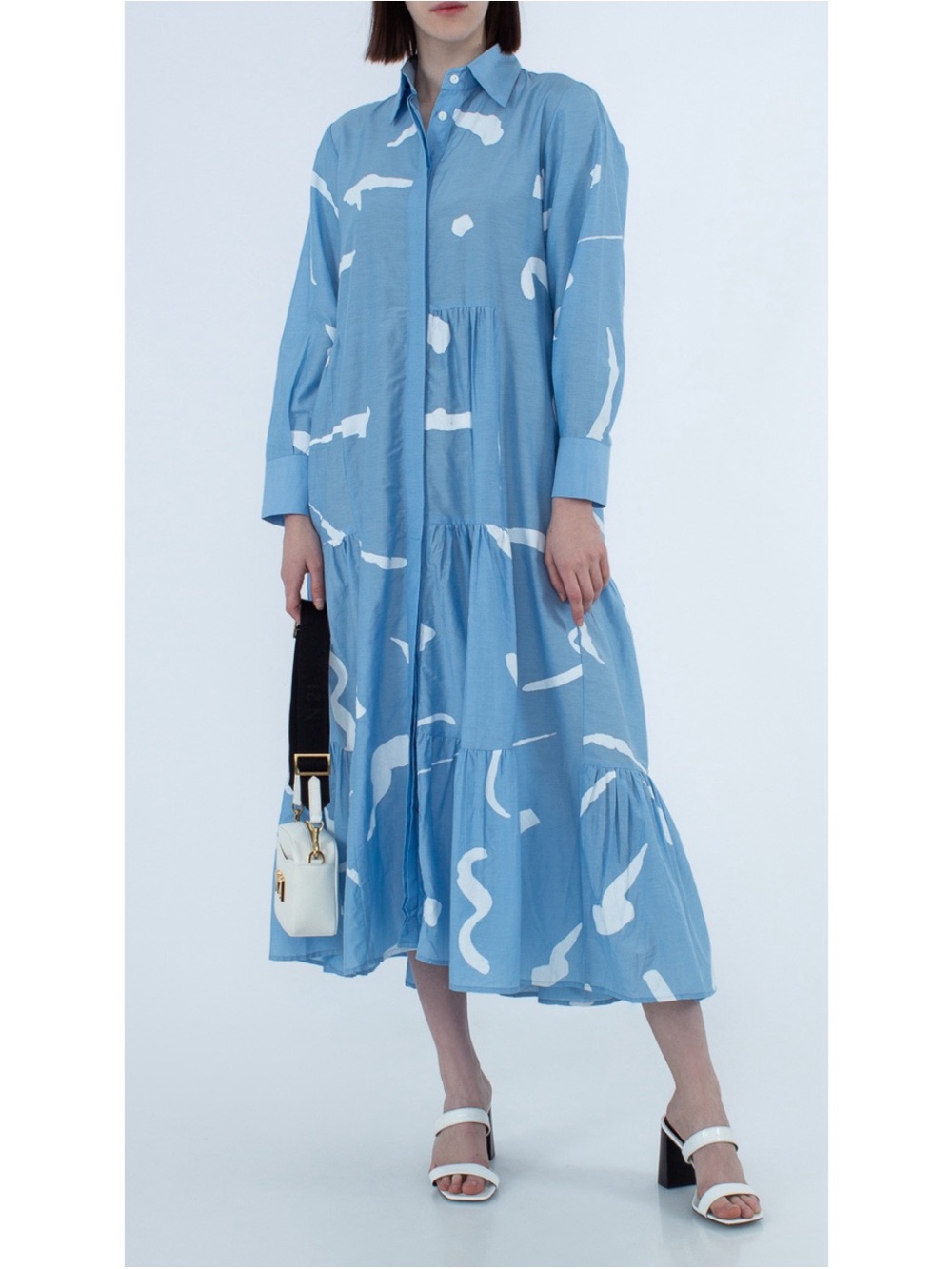 LoveBirds Uniform Blue White MIDI Button Down Morpho Shirt Dress Sz S